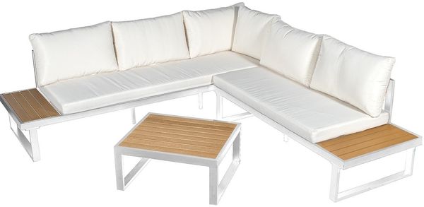 DRW Ecksofa-Set mit Aluminiumtisch und PS in Weiß und Natur, 227 x 69 x 63 cm