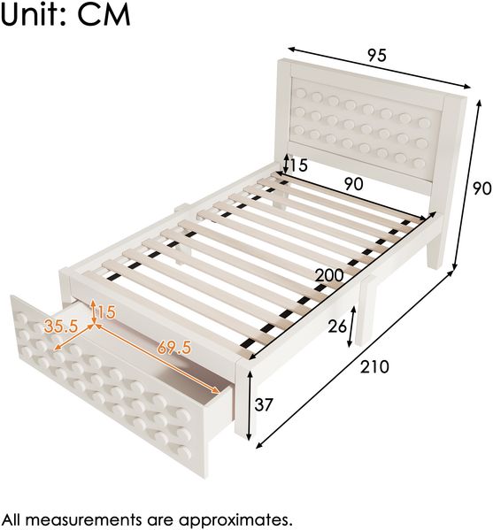 Bett mit Kreativem Block Design, Schubladen + Unterm Bett Stauraum,Weiß,90*200cm,ohne Matratze Bild 10