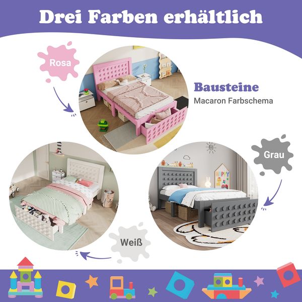 Bett mit Kreativem Block Design, Schubladen + Unterm Bett Stauraum,Weiß,90*200cm,ohne Matratze Bild 5