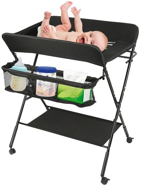 Wickeltisch, zusammenklappbar, mit Aufbewahrungskorb, Struktur aus Eisen, max. Belastung 25 kg, für Neugeborene, ergonomisches Design, Wickeltisch, 80 x 66 x 98 cm (Schwarz)