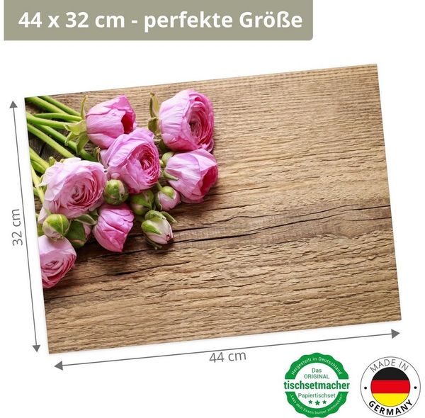 Tischsetmacher Platzset Tischset Frühling, Ostern & Blumen - Rosa Rosen auf Holz, (aus Naturpapier in Aufbewahrungsmappe, 12-St, 44 x 32 cm / rosa-braun), Tischdeko Made in Germany