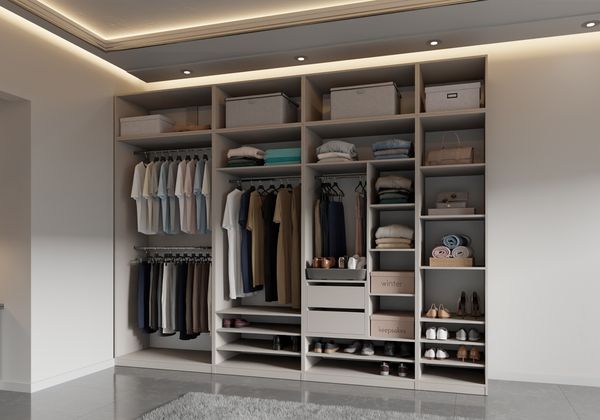 Marmex Möbel Tres Set-B/N großer Schrank ohne Türen, Kleiderschrank mit Regalen und Kleiderstangen, Einbauschrank mit Aufsatz, laminierte Spanplatte, graubeige cashmere 320 x 246 x 51 cm