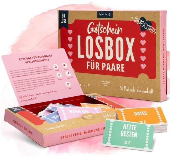 Amari Geschenkbox Gutscheinbox für Paare - 50 Gutschein Lose Verwöhnmomente, Valentinstag, Jahrestag, Hochzeit