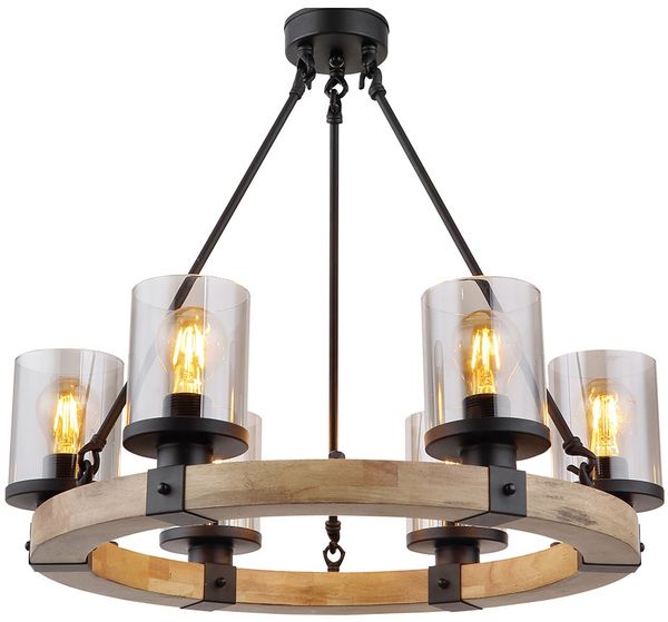 LED Hängeleuchte, schwarz, Glas, Holz, 6-Flammig