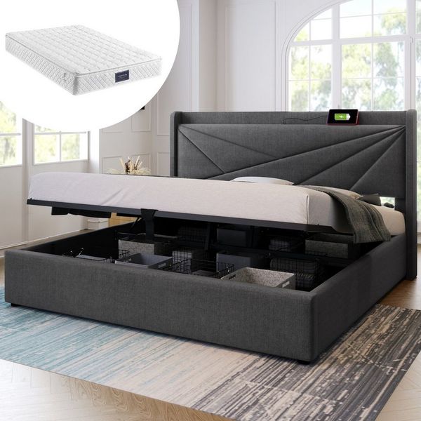MODFU Polsterbett mit Stauraum und einem geometrisch gepolsterten Kopfteil (166x208x107cm,Inklusive-Matratze(H25cm), geometrisches Kopfteil gepolstert), mit USB Typ-C Ladefunktion im Kopfteil
