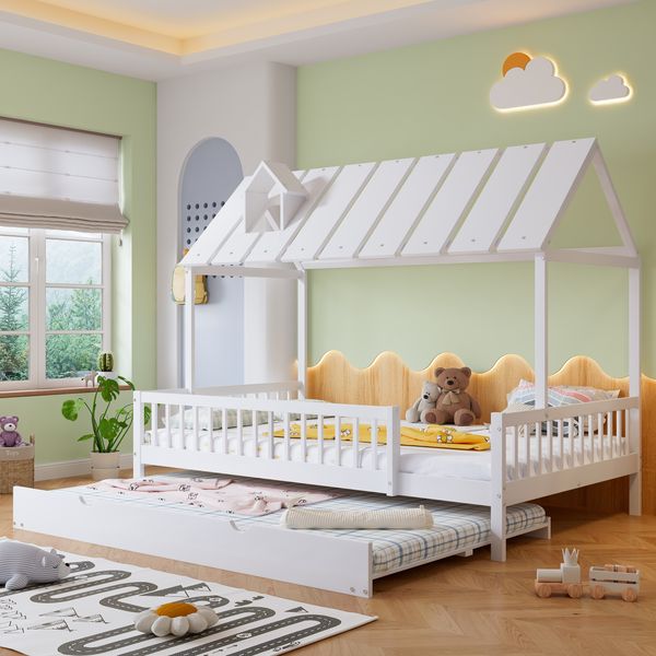 Hausbett mit Rollbett, Dach mit Kaminleiste, Kinderbett, Jugendbett, mit 3-seitigem Gitter, Kiefer+MDF, Weiß, 120x200/190cm