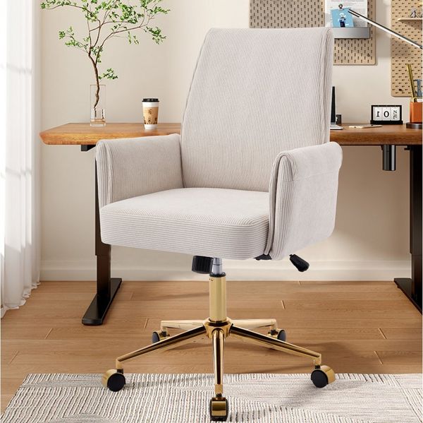 BBG Drehstuhl Höhenverstellbarer Bürostuhl mit Armlehnen, Cord-Bezug & Goldfuß (1 St), Ergonomischer Drehstuhl mit Rollen, weiche Polsterung