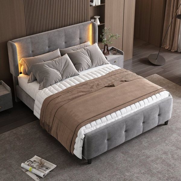 HAUSS SPOLE Polsterbett 140x200 cm mit LED-Leisten, höhenverstellbares Kopfteil, Samt, Grau