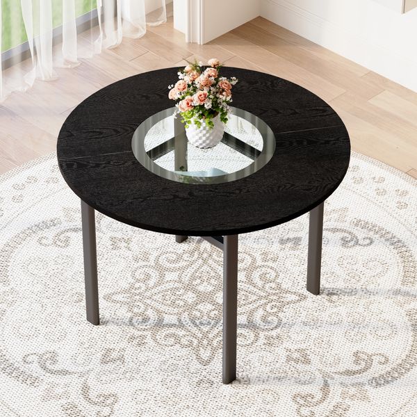 Runder Esstisch H 76 x T 100 x B 100 cm in Schwarz mit grauer Glaseinlage, MDF-Tischplatte und Metallgestell