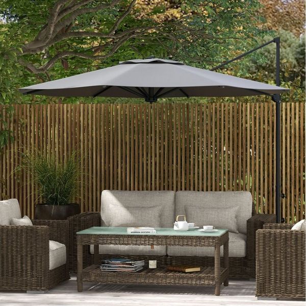 Outsunny Ampelschirm Drehbarer Gartenschirm für Balkon, Terrasse, Metall, LxB: 294x294 cm, Sonnenschirm mit Kurbel, Neigbarer Marktschirm, Dunkelgrau