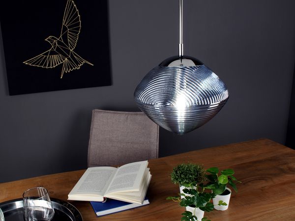 LED Pendelleuchte einflammig mit Relief Glasschirm in Blau, Ø 26cm