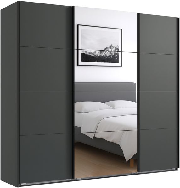 Schwebetürenschrank Kleiderschrank B225 cm H208 cm 3-türig Grafit, 1x Spiegeltür