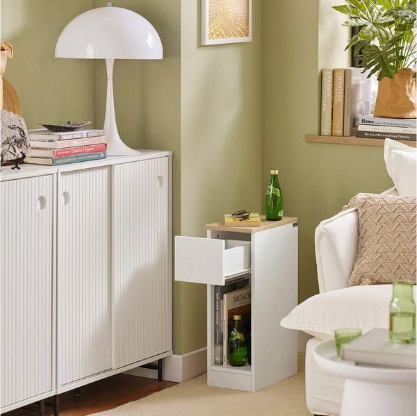 SoBuy Nachtschrank FBT111, Nachttisch schmal, Beistelltisch Zeitschriftenhalter Nachtkommode mit Schublade, offenes Fach, schmal, Schlafzimmer