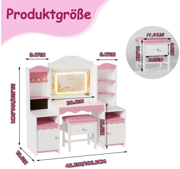 TWSOUL Schminktisch 2-in-1 Kinder Schminktisch Set mit Hocker, LED-Spiegel, Stauraum, Regalen & Schmuckhalter – Prinzessin Make-up Tisch