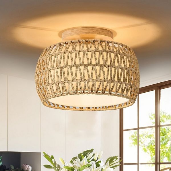 JDONG Deckenleuchte Rattan Deckenleuchte Boho Vintage mit Rattan Lampenschirm, Hängelampe E27 Vintage Deckenlampe 32*22CM(B*H)