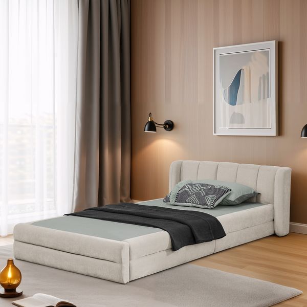 Einzelbett 90*200 cm, hautfreundlicher Chenillestoff, komfortables Rückenlehne, auch als Kinderbett geeignet​, Beige (ohne Matratze)