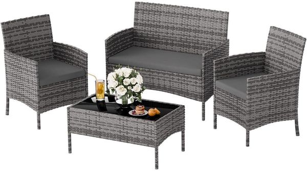 Polyrattan Sitzgruppe 4 Personen Tisch Sofa Stühle Grau Gartenmöbel Set