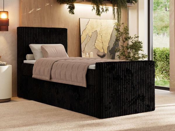 Bett mit Matratze, Boxspringbhett TILIANO DUO 90, Einzelbett 90 x 200 cm, Multipocket-Matratze 7-Zonen-Taschenfederkern - Schwarz Cordstoff - H4 - Links - Topper T25