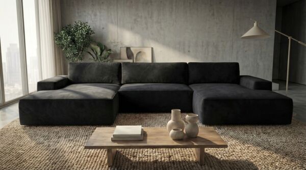 Ecksofa EINAR 362x170 cm mit Schlaffunktion, Bonellfederkern und Bettkasten, Farbe: Schwarz
