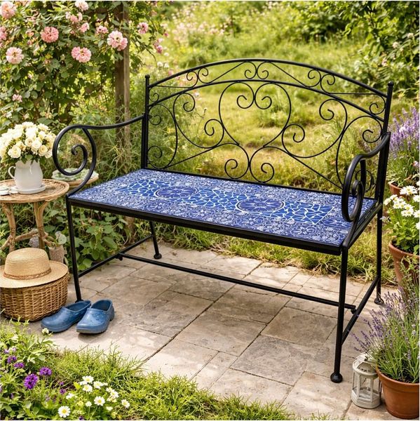 HTI-Living Gartenbank Gartenbank Metall mit Mosaik blau Sitzfläche Vintage Stil für Terrasse