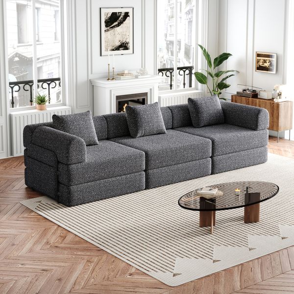Schlafsofa, Chenille 2-in-1 mit Armlehnen-Ablagefach, Grau, ohne Matratze
