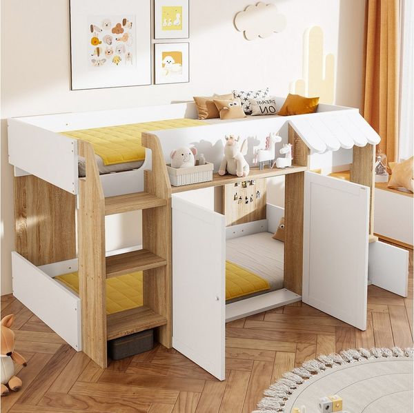 Merax Kinderbett Hausbett im Hausdesign (1-tlg), Massivholz Jugendbett Hochbett 90x200cm mit Leiter und Stauraum