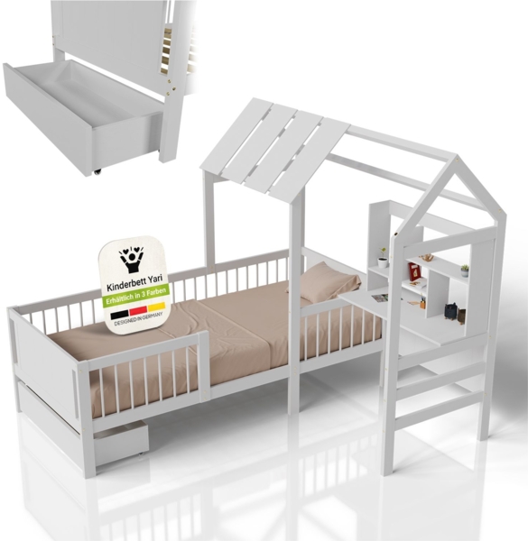 Juskys Kinderbett Yari 90x200 cm - Integrierter Schreibtisch, Praktische Schublade, Massiver Kieferrahmen, Pflegeleicht, 150 kg belastbar - weiß