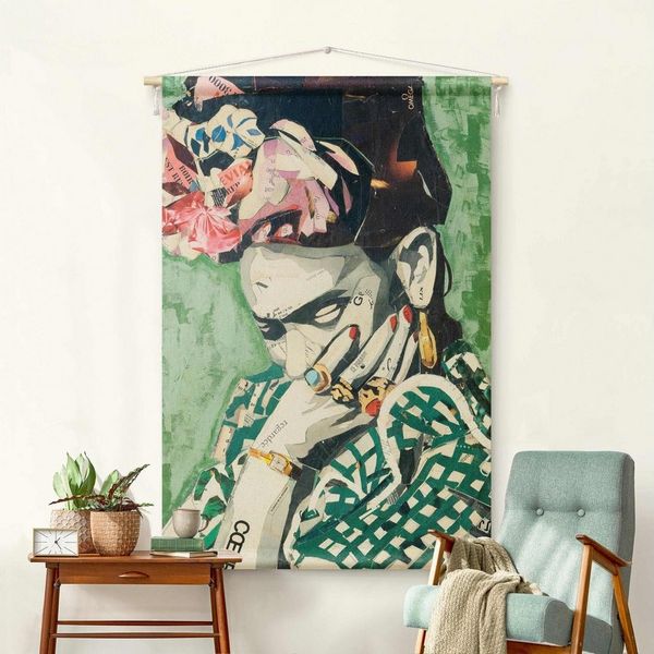 Bilderdepot24 Wandteppich modern Frida Kahlo Kunst grün, rechteckig, Höhe: 2.6 mm, großes Wandbild aus Natur-Baumwolle Wandbehang Stoffbild Tuch Wollseil