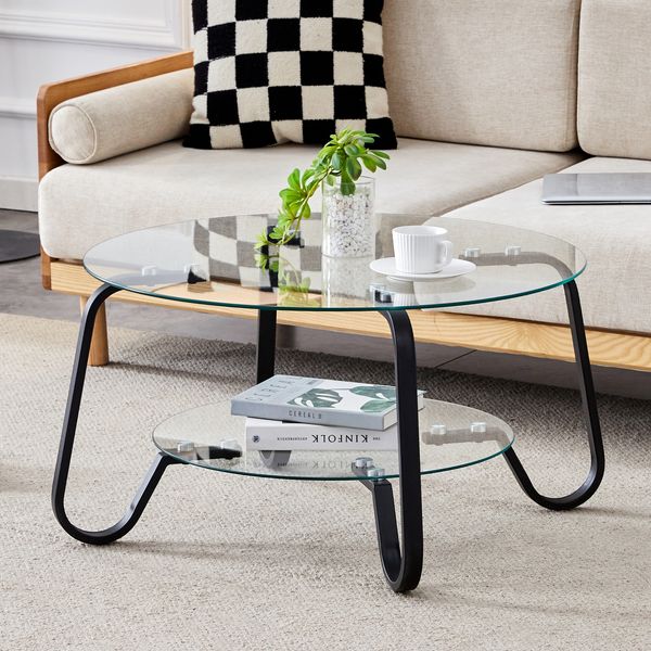 Couchtisch aus Metall und Sicherheitsglas in Schwarz, rund, zweistufig, modernes Industriedesign,45x80x80 cm