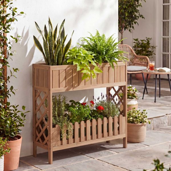 Hochbeet HWC-P83, Blumen-/Pflanzkasten Blumenregal Ablage, Outdoor Akazie Holz FSC®-zertifiziert 90 x 95 x 31 cm ~ hellbraun