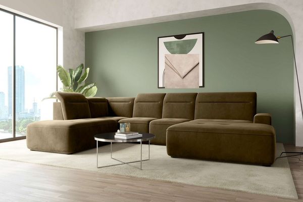 99rooms Wohnlandschaft Elvaro, Sofa, U-Form, Bezug aus Velours PALLADIUM, mit elektrischer Sitztiefenverstellung