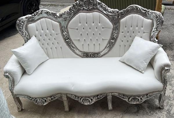 Casa Padrino Barock Kunstleder Sofa Weiß / Silber 180 cm - Barock Wohnzimmer Möbel