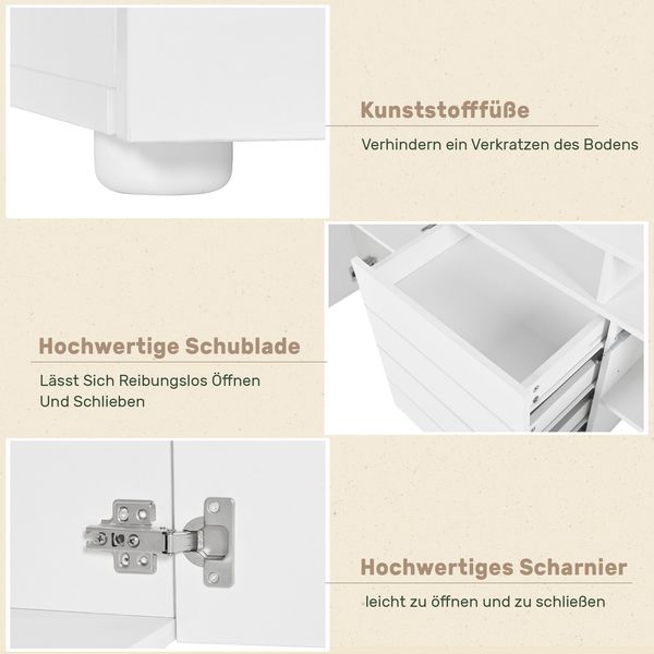 Sideboard 160 cm mit LED, 2 Türen, 4 Schubladen, offenen Fächern, Glasfach, modernes Aufbewahrungs- und Anrichtenmöbel,Weiß Bild 9