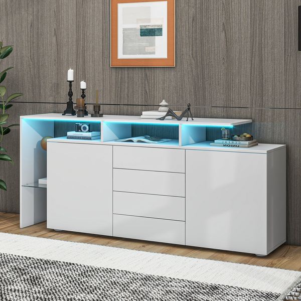 Sideboard 160 cm mit LED, 2 Türen, 4 Schubladen, offenen Fächern, Glasfach, modernes Aufbewahrungs- und Anrichtenmöbel,Weiß