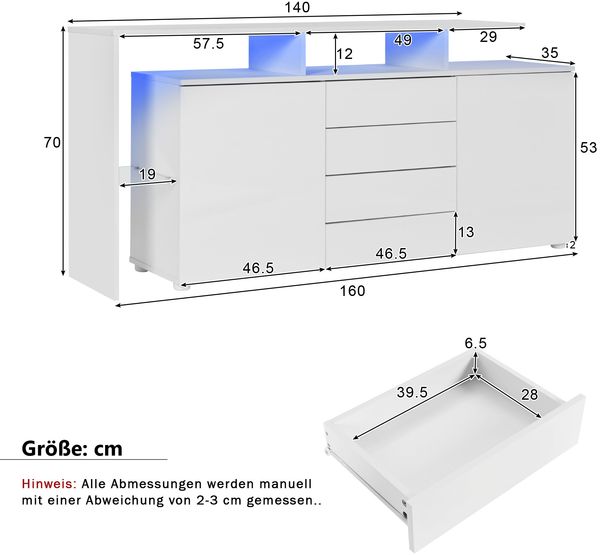 Sideboard 160 cm mit LED, 2 Türen, 4 Schubladen, offenen Fächern, Glasfach, modernes Aufbewahrungs- und Anrichtenmöbel,Weiß Bild 10