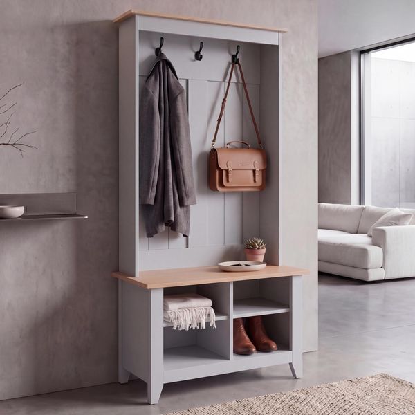 Garderobe HWC-P28, Standgarderobe Schuhregal Sitzbank, 3 Haken 4 Staufächer Melamin 170 x 76 x 39 cm ~ hellgrau, natur