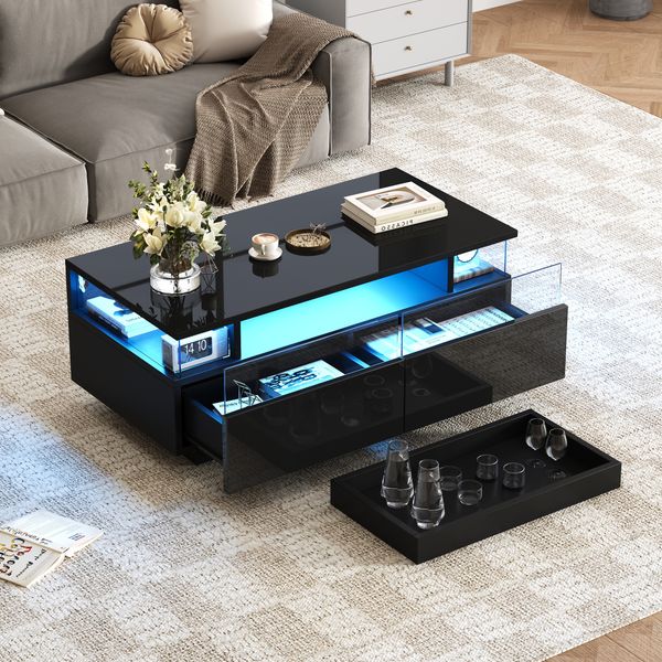 Couchtisch, Hochglanz-Couchtisch fürs Wohnzimmer Sofatisch mit 2 Schubladen Tragender Beistelltisch Kaffeetisch mit LED-Licht, Gehärtetes Glas, Schwarz, 90 x 45 x 35.5 cm