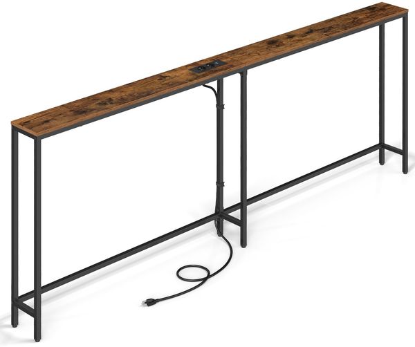 VASAGLE Konsolentisch mit Ladestation, schmaler Sofatisch, Flurtisch, 2 Tischplatten, einfache Montage, für Flur, Wohnzimmer, 15 x 200 x 80 cm, vintagebraun-Mattschwarz LNT077K102