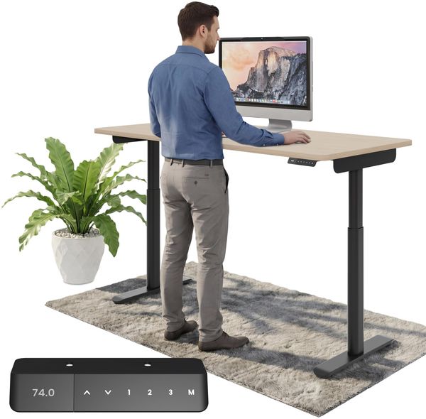 Ergotopia Desktopia One I Elektrisch höhenverstellbarer Schreibtisch I Tischplatte: 160x80cm, Ahorn Dekor I Gestell Schwarz I Top Preis-Leistung