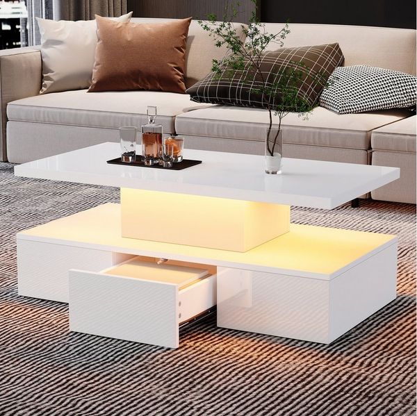 Merax Couchtisch hochglanz Sofatisch Beistelltisch mit LED-Beleuchtung (1-St, 100x50x39cm), Wohnzimmertisch mit Schublade & Stauraum inkl. Fernbedienung