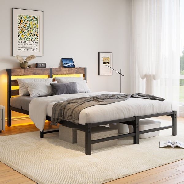 Flieks Doppelbett 140 x 200cm mit LED & USB-Ladestation, Metallbett mit hölzernem Kopfteil & Unterbett-Stauraum, Braun