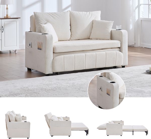 Multifunktionales Stoffsofa Klappbares Ausziehsofa Kleines Wohnzimmersofa mit zwei Funktionen, Abnehmbar und waschbar, Mit Aufbewahrungstasche, Mit USB-Ladefunktion, Mit Becherhalter