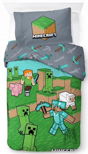 BrandMac Bettwäsche Minecraft - 2 x Wende-Bettwäsche-Set im Doppelpack, 135x200 & 80x80, Baumwolle, 100% Baumwolle
