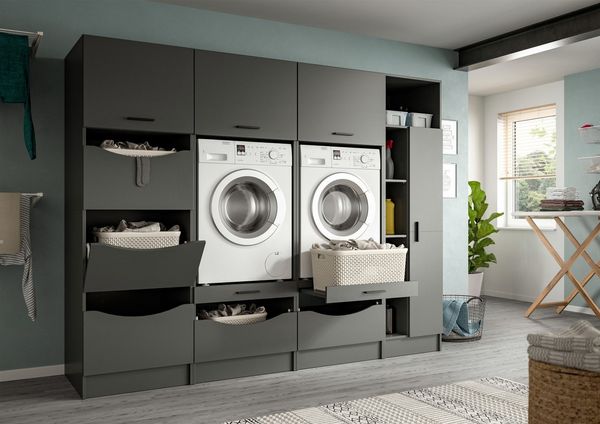 welltime Mehrzweckschrank-Set FALAS, TOPSELLER!, 4-teilig, Hauswirtschaftsraum Set, Breite 292 cm, (Set, 4-St, 2x Waschmaschinenumbauschrank, 1x Wäscheschrank & 1x Mehrzweckschrank), Kombination, Waschmaschinenumbau, Waschmaschinenschrank, Wäschekammer