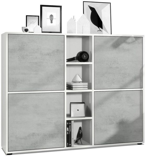 Vladon Highboard Cuba V3, Weiß matt/Beton Oxid Optik - Moderne Anrichte mit 12 Fächern (130,5 x 105,5 x 35,5 cm)