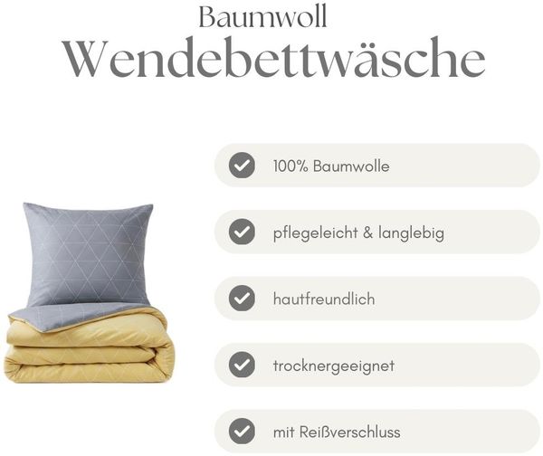 Renforce Bettwäsche mit Reißverschluss - Wendebettwäsche aus 100% Baumwolle, Rautendesign, Gelb 200 x 220 cm + 2x 80 x 80 cm Bild 5