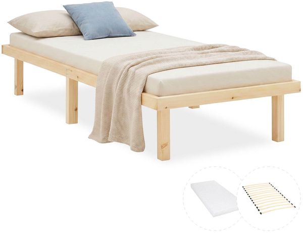 Bettgestell 90x200 cm mit Matratze Holzbett Unbehandelt Einzelbett Massivholz Bett ohne Kopfteil Gästebett Jugendbett Lattenrost