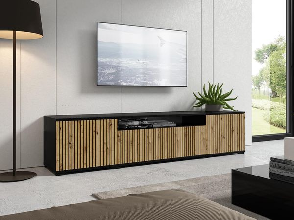 TV- Schrank 200 cm PANAMA Fronten Eiche artisan, 4 geräumige Regale, Fach für den Receiver, TV Möbel, Push-Open, niedrige schwarze Fü - Eiche, Schwarz, 42 x 40 x 200 cm