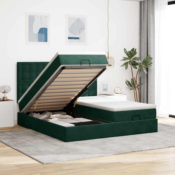 vidaXL Ottoman-Bett mit Matratzen & LEDs Dunkelgrün 200x200 cm Samt 3314666
