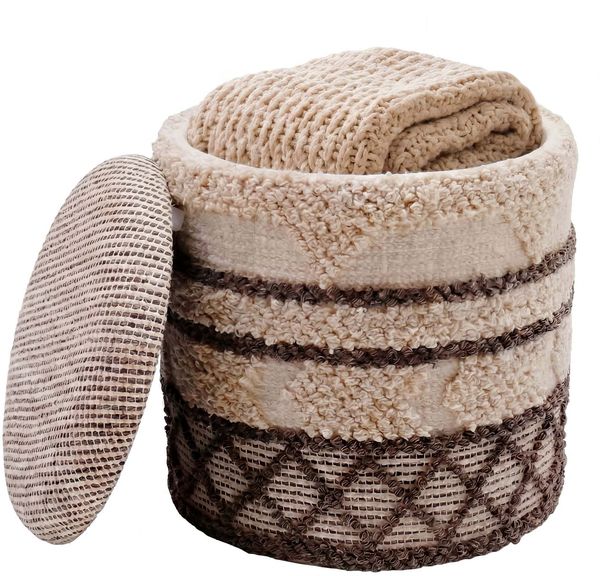 Sitzhocker mit Stauraum aus Wolle 40cm Beige Stoff Rund - Design Boho Stoffhocker mit abnehmbarem Deckel - Polsterhocker Schminktisch Hocker - Beistellhocker für Wohnzimmer Handmade